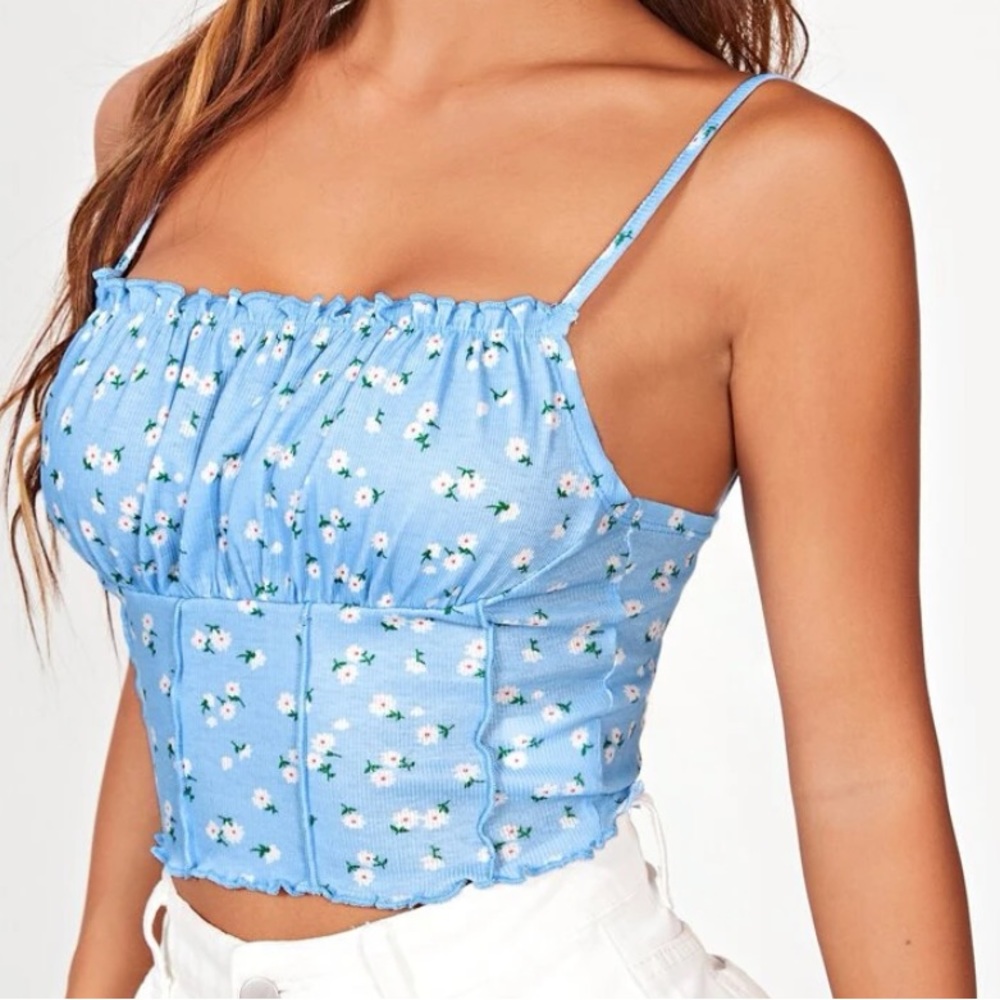 Daisy Floral Ruched Bust Seam Front Frill Cami Top.